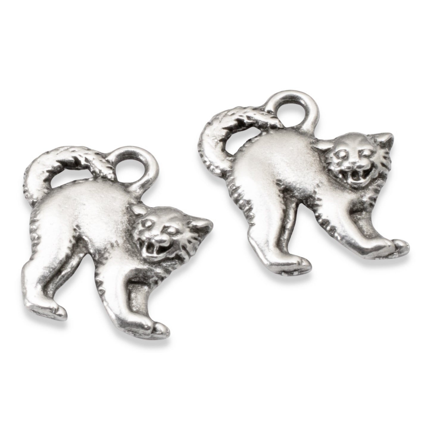 Silver Scary Cat Charms, 2Pc Halloween Gothic Pendants, TierraCast Design, Spooky Feline Cat Lover Jewelry Making