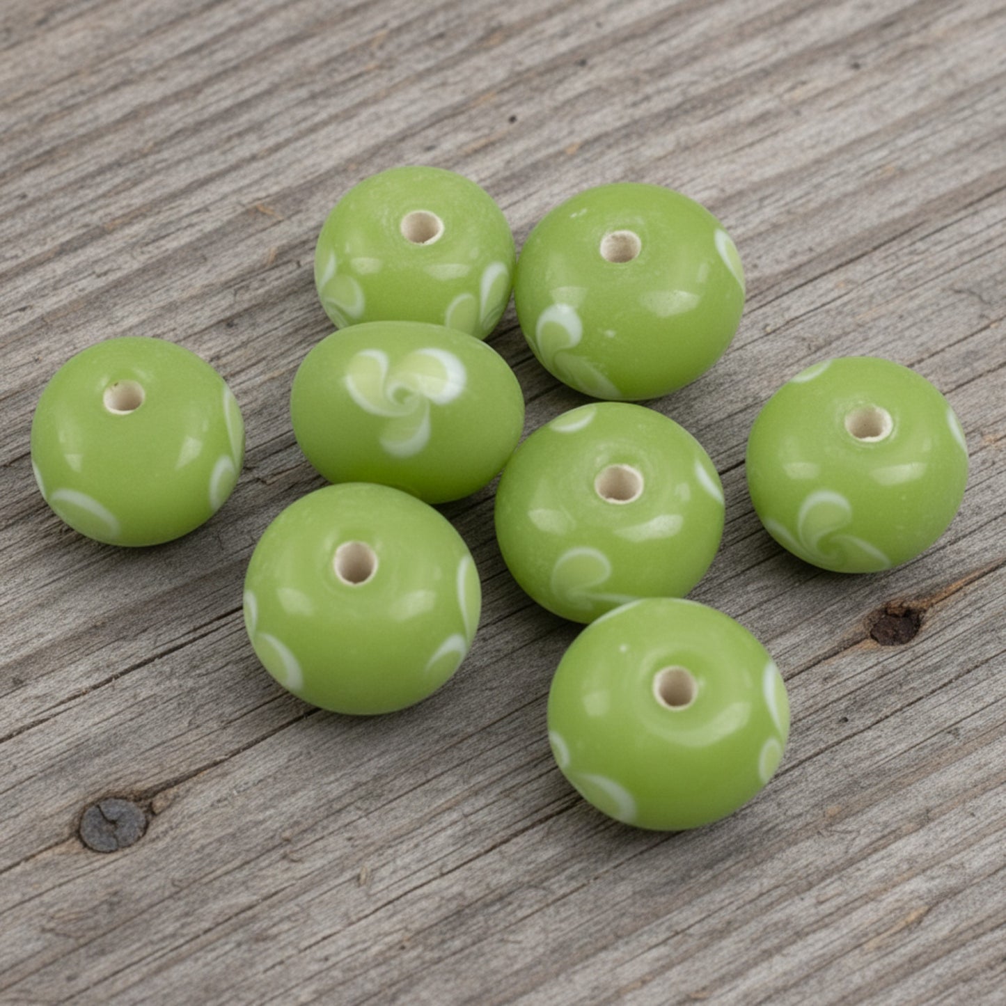 Green Swirl Flower Lampwork Beads: Opaque Lime Rondelle Glass 13mm 10-Pack