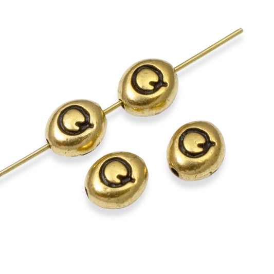 4 Gold Letter "Q" Alphabet Beads, TierraCast Oval Initial Beads for DIY Jewelry