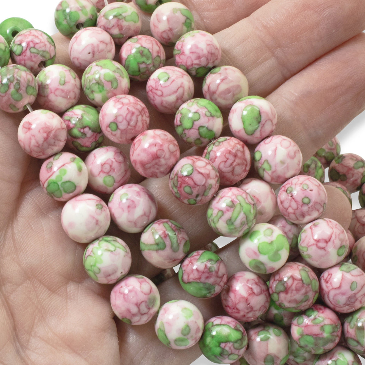 Pink Green Rain Flower Stone Beads: 10mm Impressionist Pattern DIY Jewelry