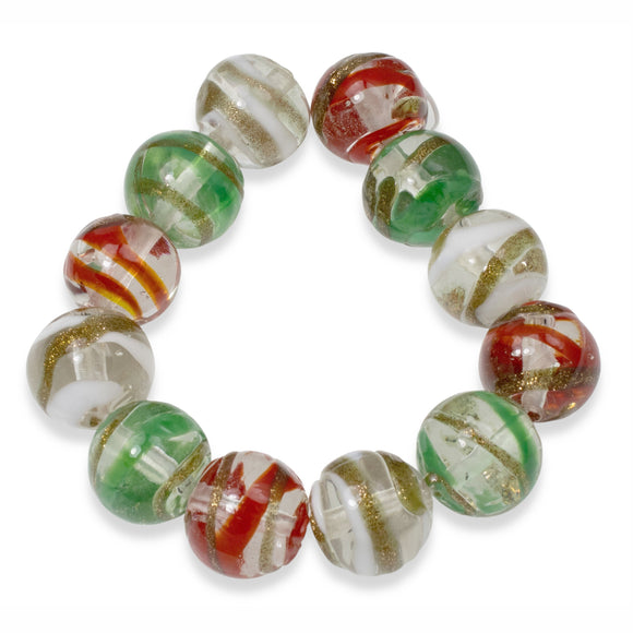 Set of 12 Christmas Lampwork Beads, Red, Green, White Swirl, 12mm Round