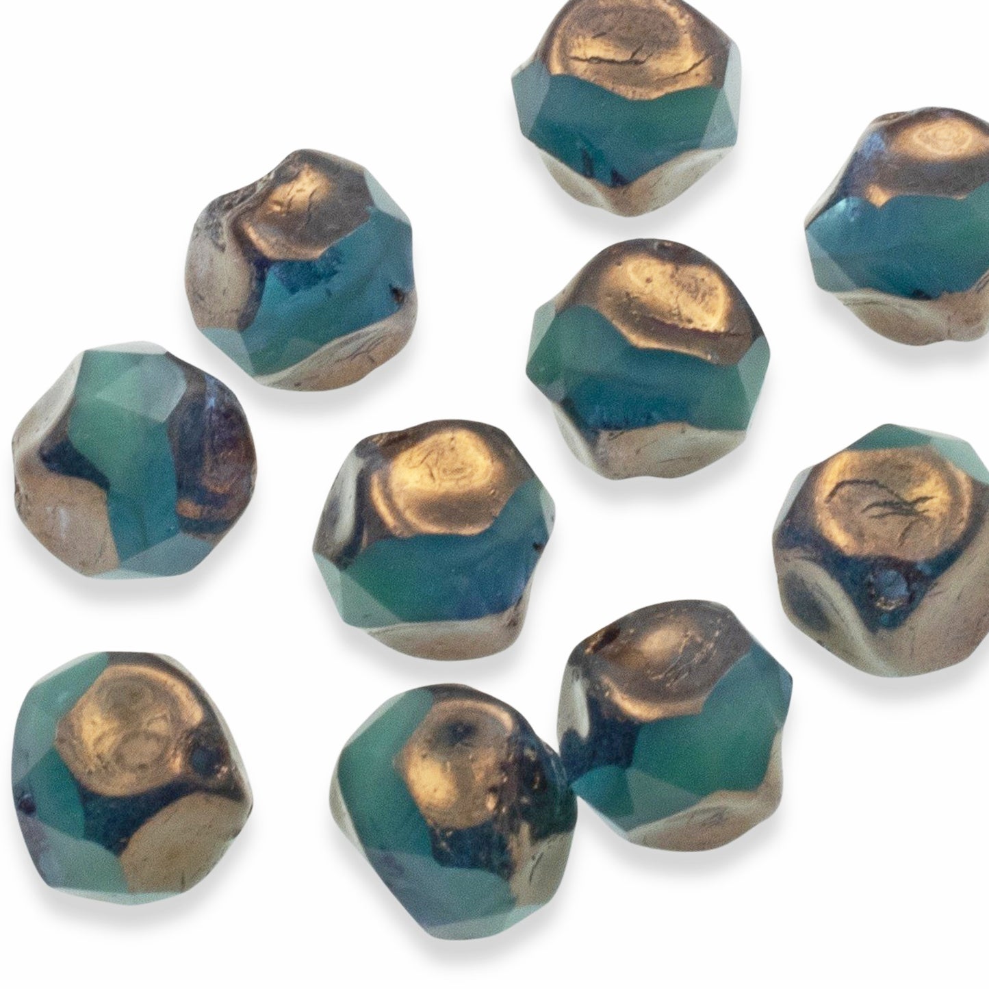 Turquoise Aqua Blue Bronze 9mm Baroque Central Cut - Raven's Journey Czech Glass - 10-Pack