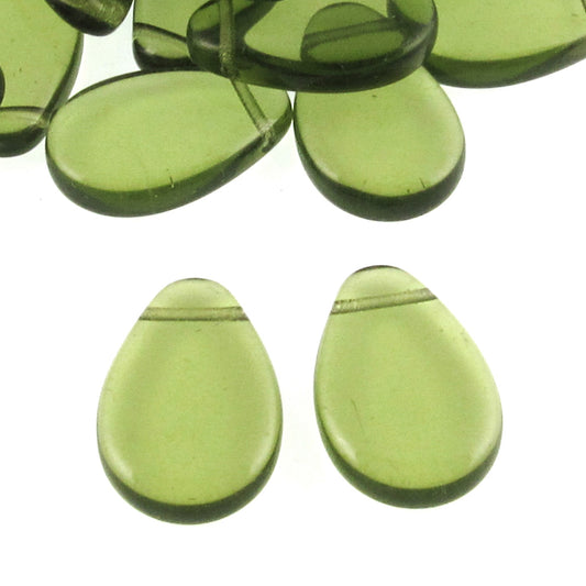 Czech Glass Teardrop Beads, 25-Pack Olive Green Flat Pear Shaped Beads 12x18mm, DIY Jewelry Making