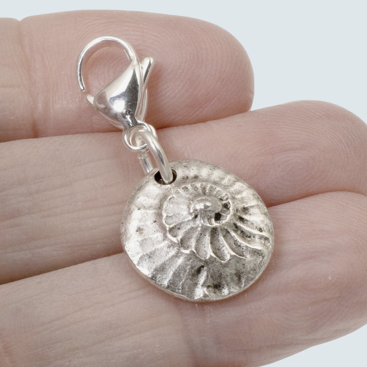 Silver Spiral Shell Clip-On Charm, Fine Silver Plated Pewter, Lobster Clasp