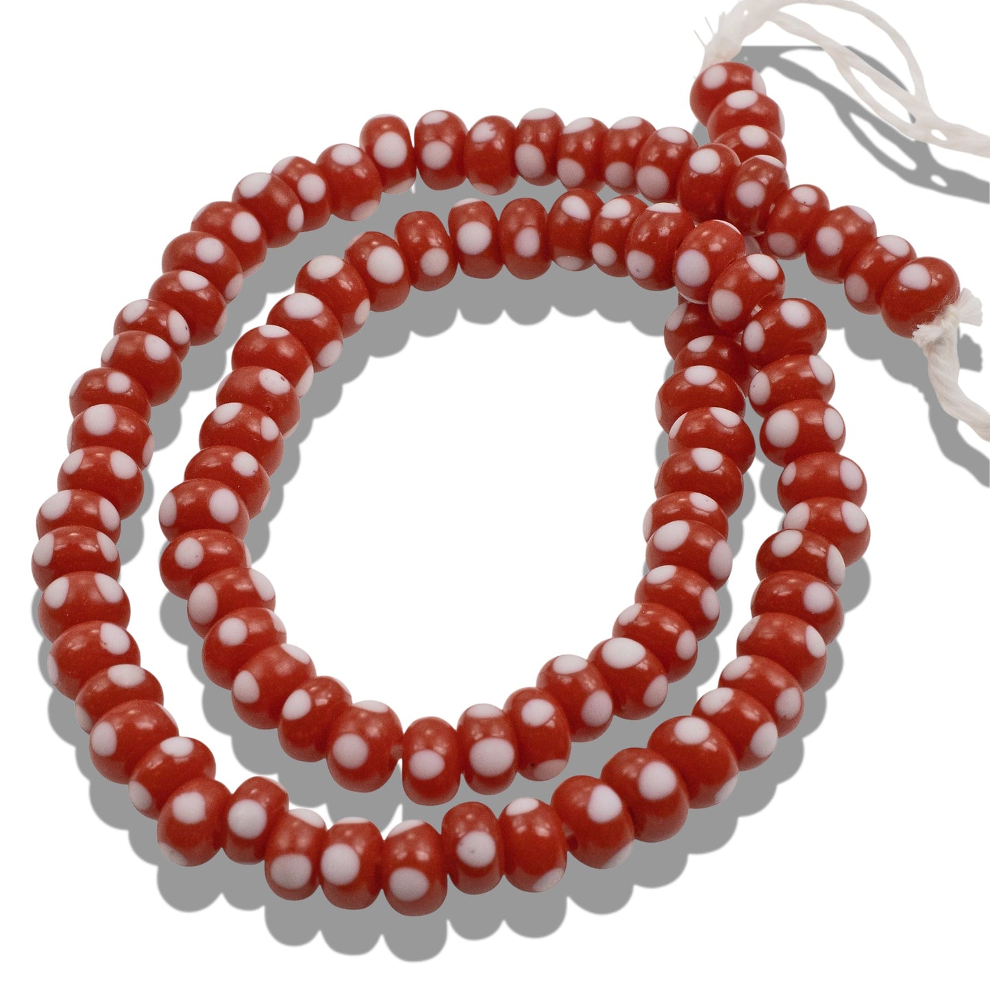 Red with White Dots Rondelle Lampwork Glass Beads, Handmade Indonesian, 8mm 17" Strand