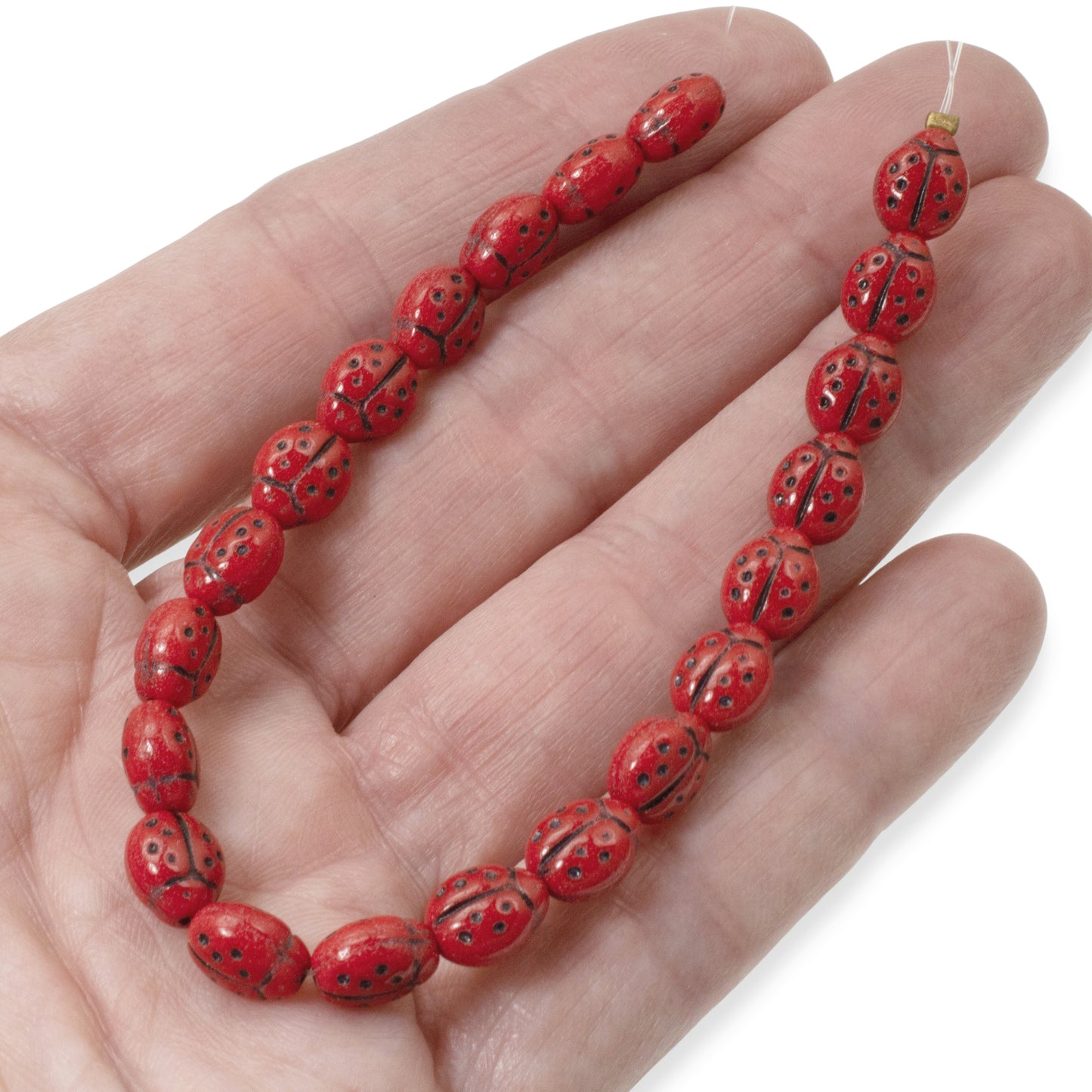21 Pcs Red Ladybug Czech Glass Beads, 7x9mm Oval Shape, Whimsical Jewelry Supply