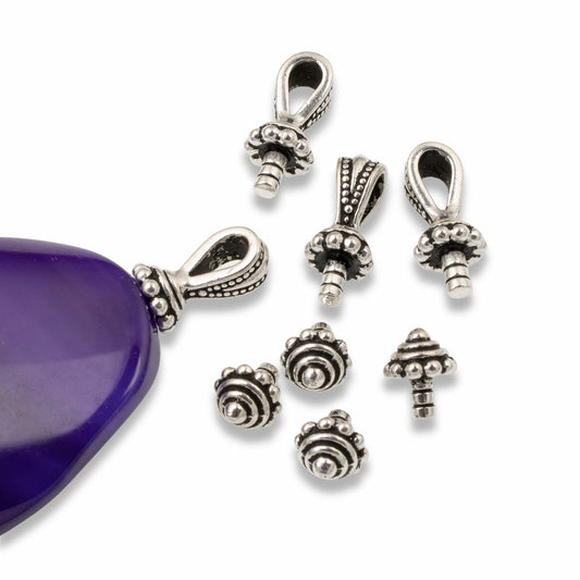 4 Sets of Silver Glueable Royal Bails and Beaded Caps for Large Hole Beads