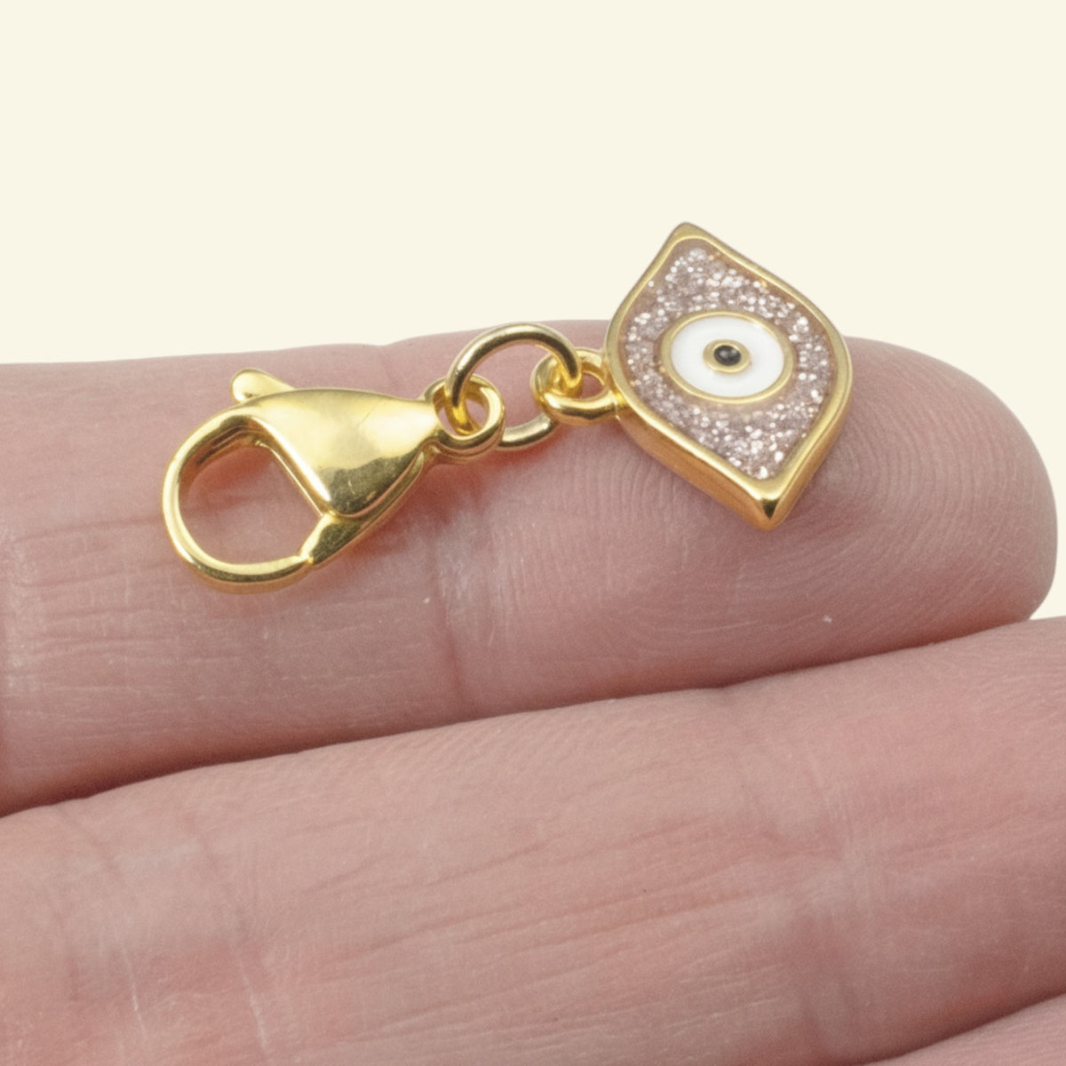 Gold Evil Eye Charm: 24K Gold Plated Pink Glitter Enamel Clip On Lobster Clasp Protection Symbol 1-1/8 Inch