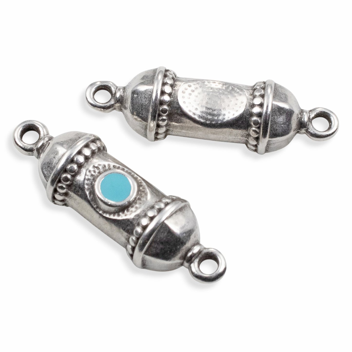 Silver Prayer Amulet Pendant 2Pcs, Antique Deco Connector with Aqua Enamel, Spiritual Jewelry Supply