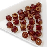 25 Faceted 6mm Crown Cathedral Beads - Garnet Red + Bronze Ends - Czech Glass