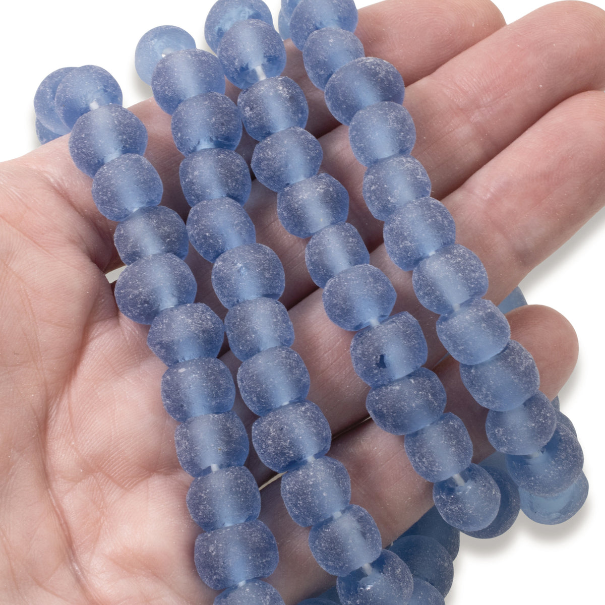 Matte Blue Recycled Glass Beads, 10mm Round Sea Glass, 15in Strand ~40Pcs