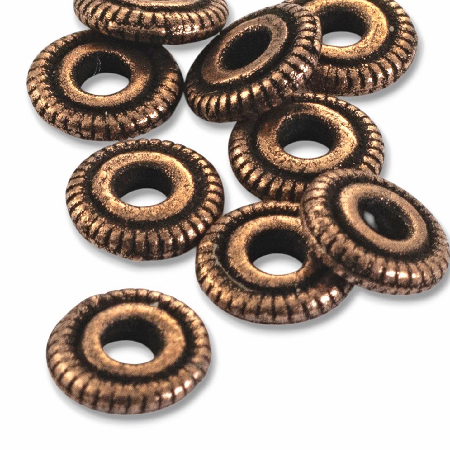 Antique Copper Spacer Beads 6mm Line Edge Large Hole Leather Cord 10-Pack USA
