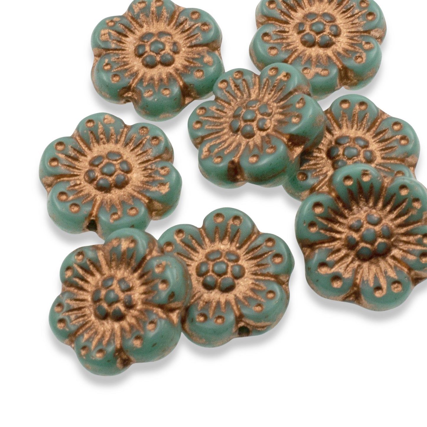 Wild Rose Czech Glass Beads, 8-Pack Turquoise Copper Wash, 14mm Flower Beads