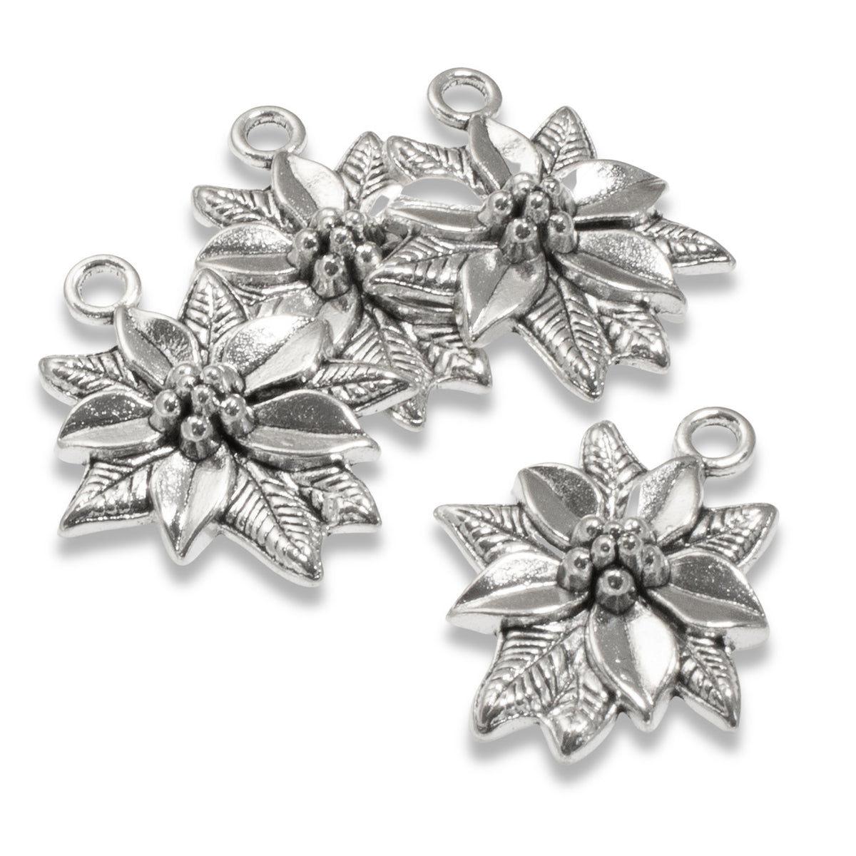 6 Silver Poinsettia Pendants - Festive Christmas Charms - Holiday Jewelry Making