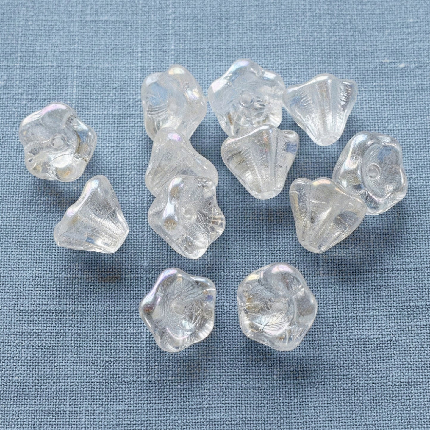 Crystal Clear AB Bell Flower Beads: Czech Glass 6x8mm Iridescent 25-Pack