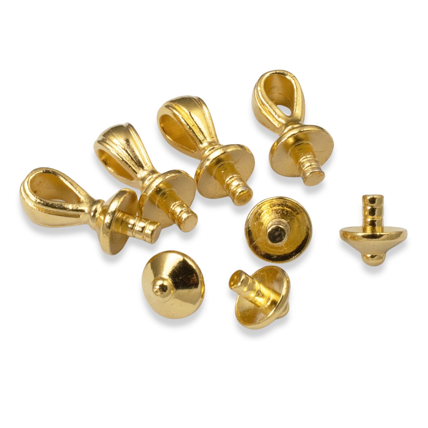 Bright Gold Nouveau Glue-On Bail Cap Sets 2.5mm Peg, TierraCast 24K Plated Top Bottom, Large Hole Bead Caps, Pendant Maker, 4 Sets/8 Pieces