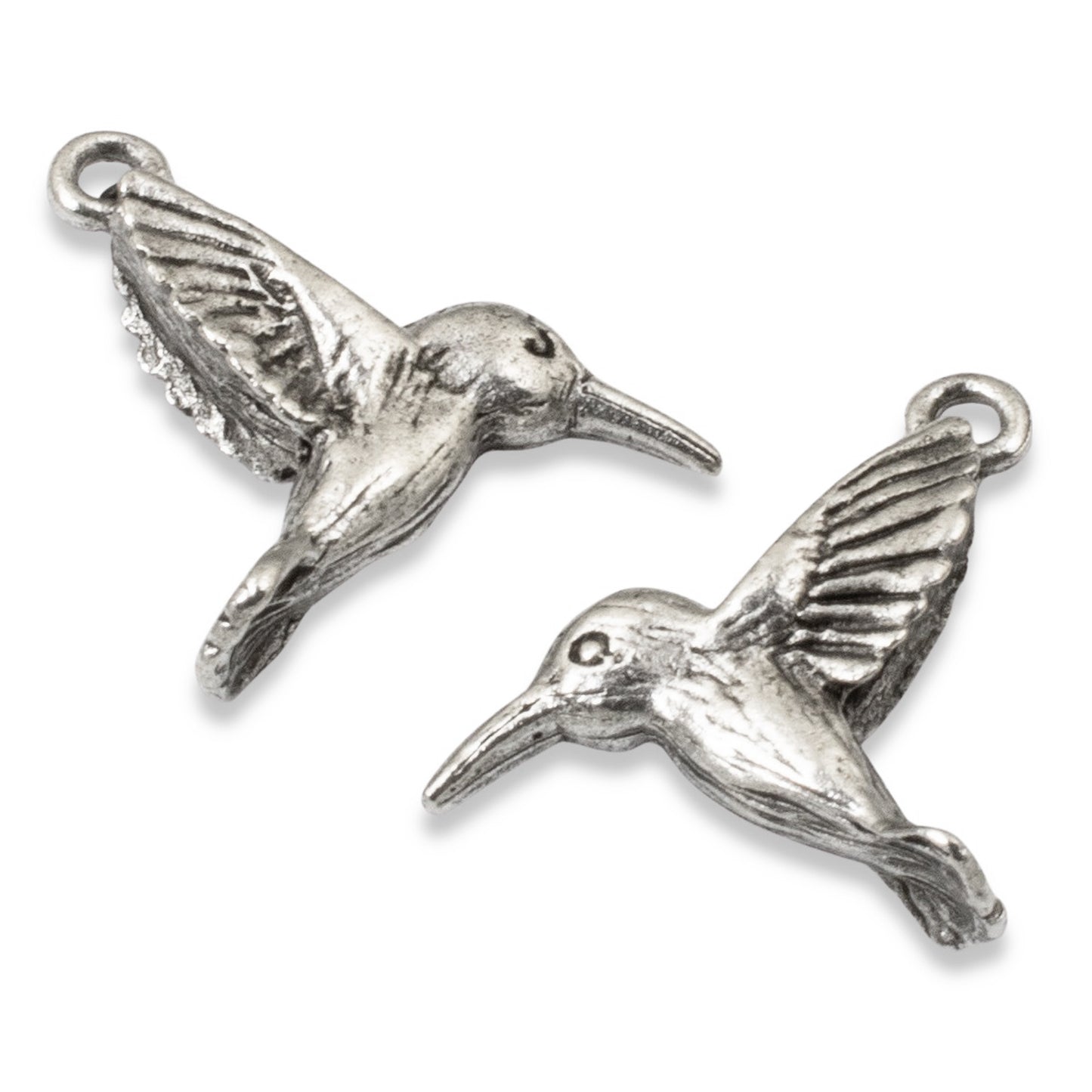 2 Pc Silver Hummingbird Charms, Fine Silver-Plated Nature Jewelry, Rustic Birds