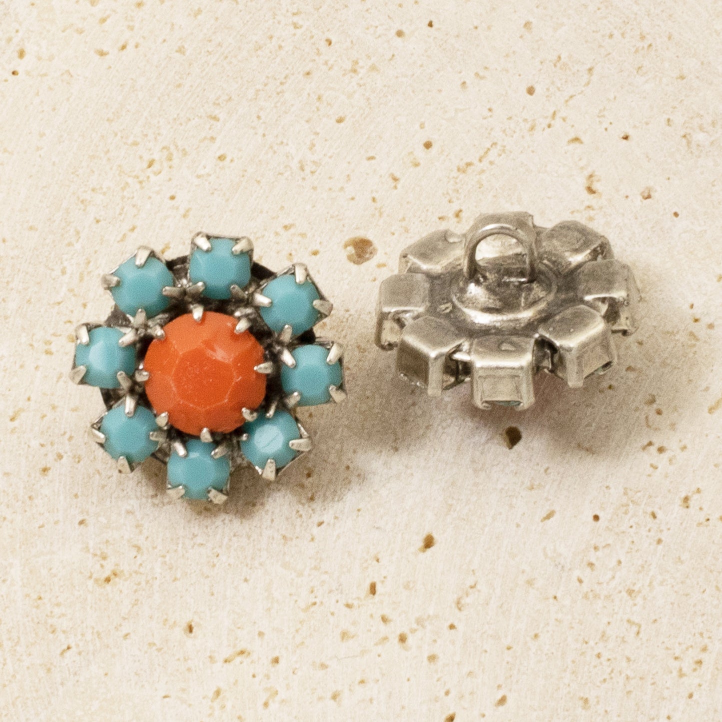 2pcs Czech Glass Rhinestone Flower Buttons - Coral & Turquoise Southwest Beads for Jewelry, Sewing, and DIY Crafts