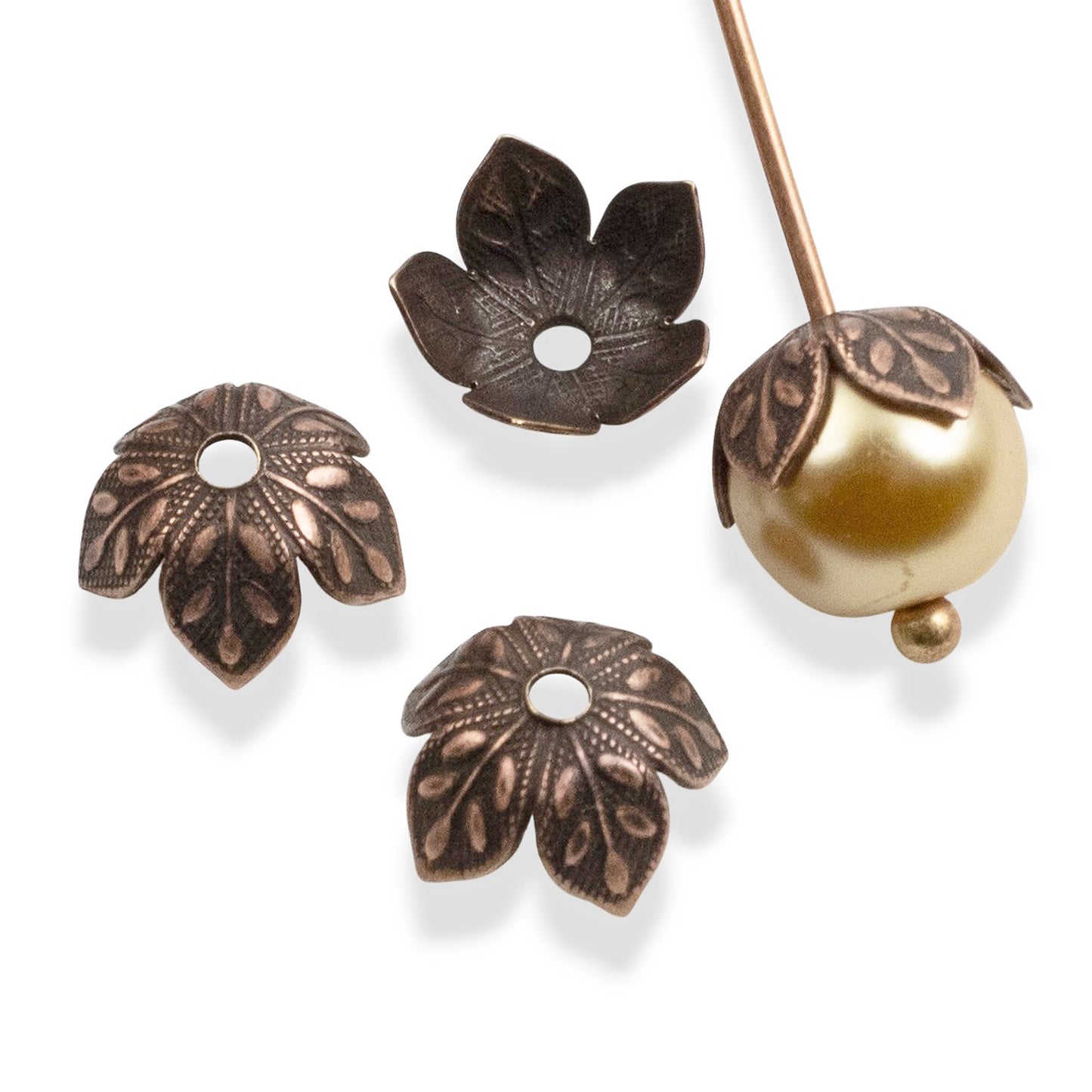 Etched Daisy Bead Caps 8mm Antique Copper-Plated Pewter: Botanical Metal Findings USA Made 4 Pack