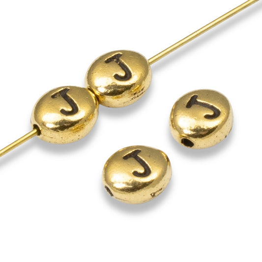 4 Gold Letter "J" Alphabet Beads, TierraCast Oval Initial Beads for DIY Jewelry