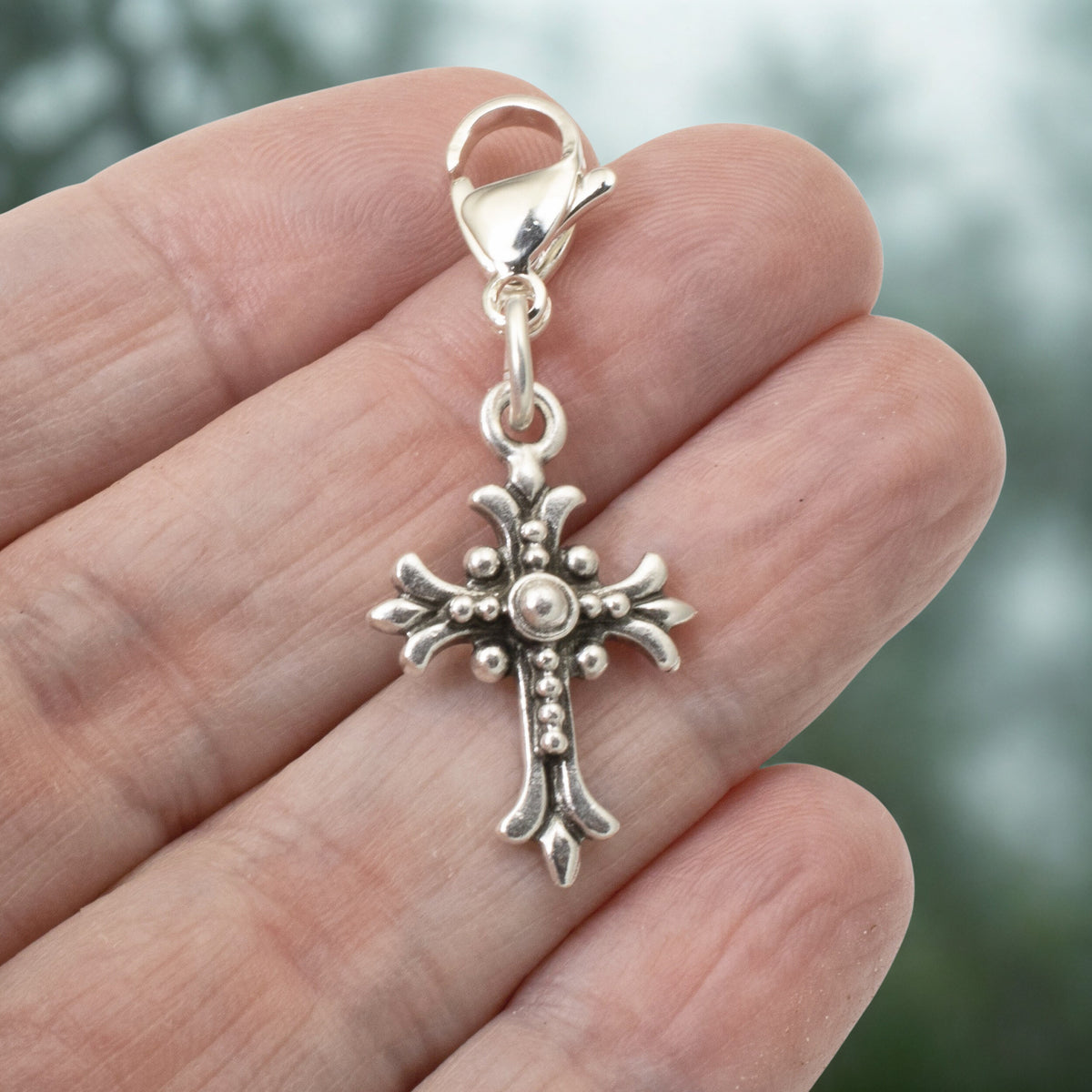 Silver Fleur Cross Clip-on Charm, Religious Bag Charm, Faith Jewelry + Lobster Clasp