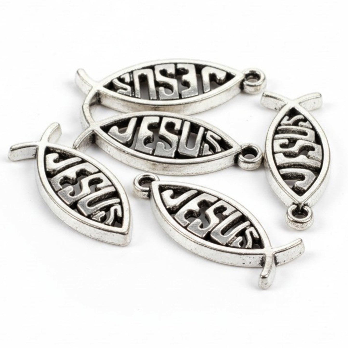 Jesus Fish Charms 15-Pack Silver Metal Ichthys Pendants Christian Gift Supply