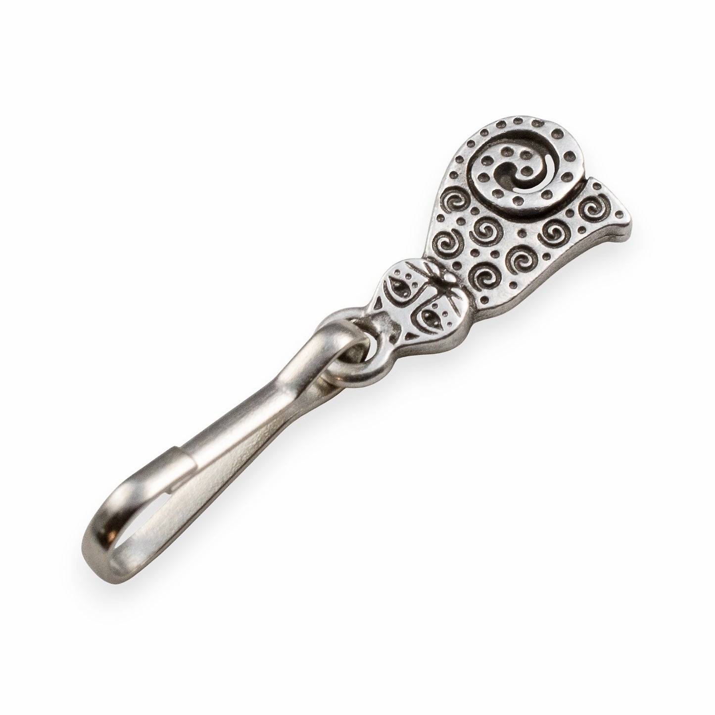 Silver Sitting Cat Zipper Charm: Double Sided Spiral Design Bag Journal Keychain Gift for Cat Lovers