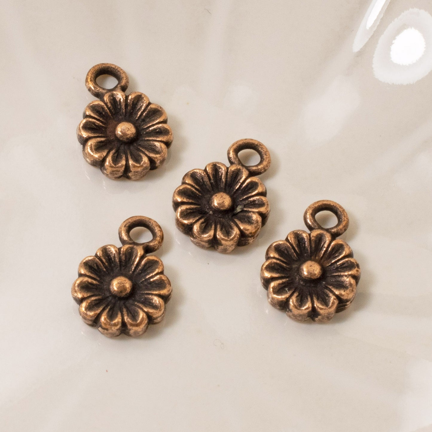 Copper Aster Flower Charm: Double-Sided Antique Pewter 4-Pack