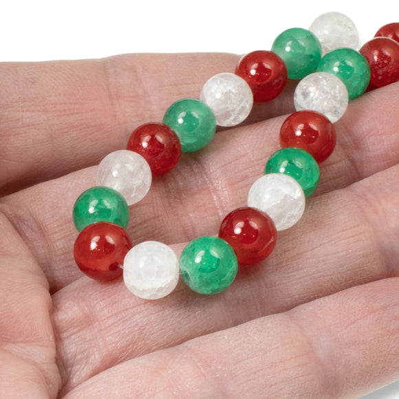 150 Festive Crackle Glass Beads - 8mm Round - Red, Green & White - Holiday Set