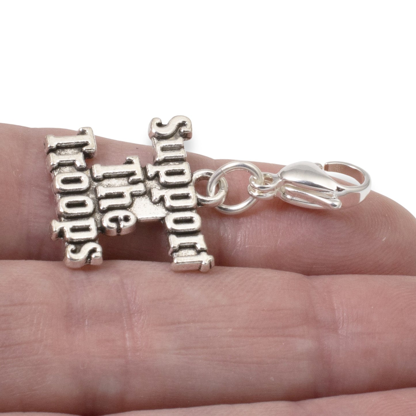 Support the Troops Clip On Charm: Military Pride Patriotic Gift Silver 1 1/2"