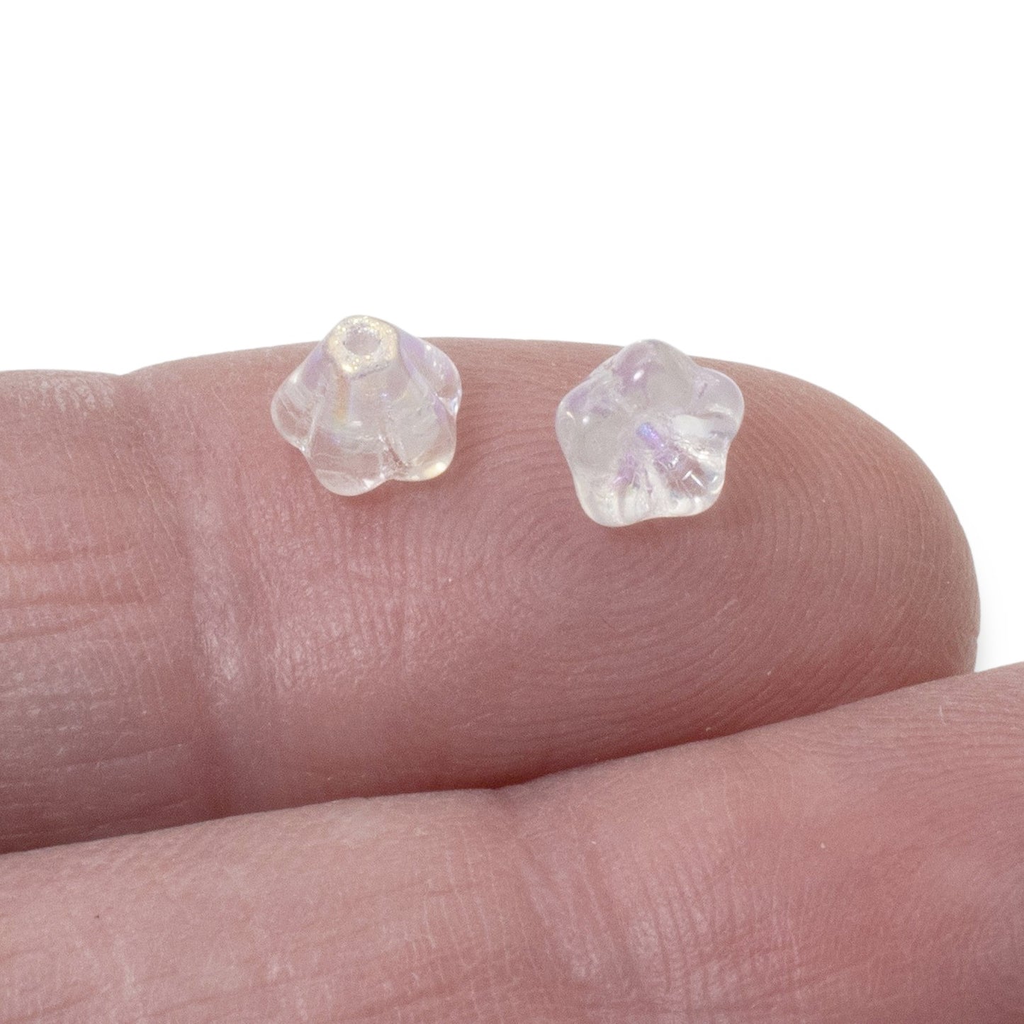 100pcs Clear AB Czech Glass Mini Bell Flower Beads, 4x6mm Rainbow Iridescent