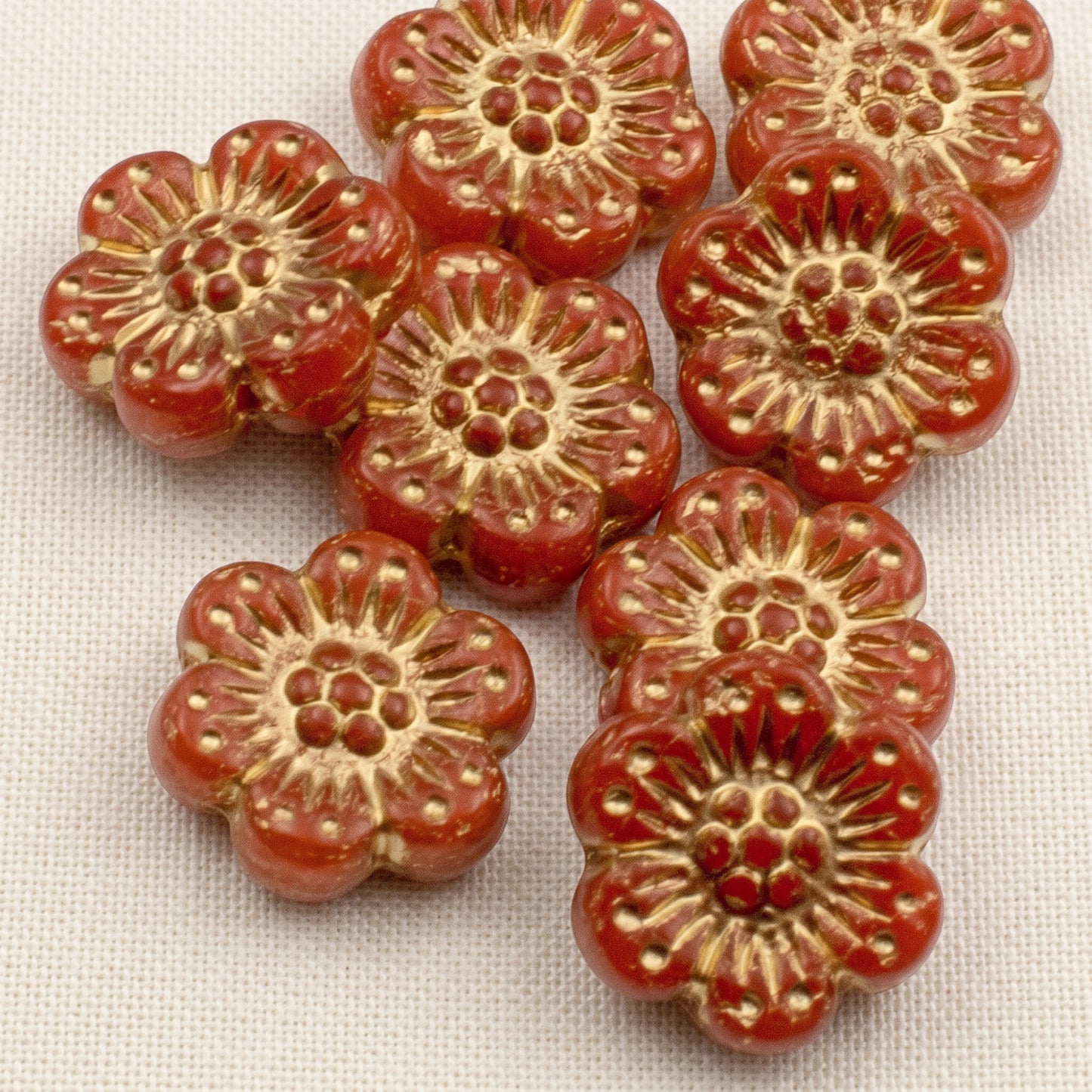 Wild Rose Czech Glass Beads, 8-Pack Burnt Orange Opaline Gold Wash, Flower Beads