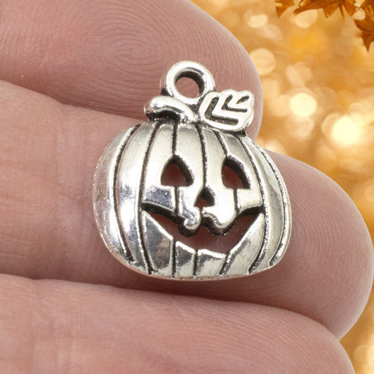 Halloween Pumpkin Charms 10-Pack, Silver Jack O'Lantern, Fall Jewelry Making, Spooky Craft Supplies