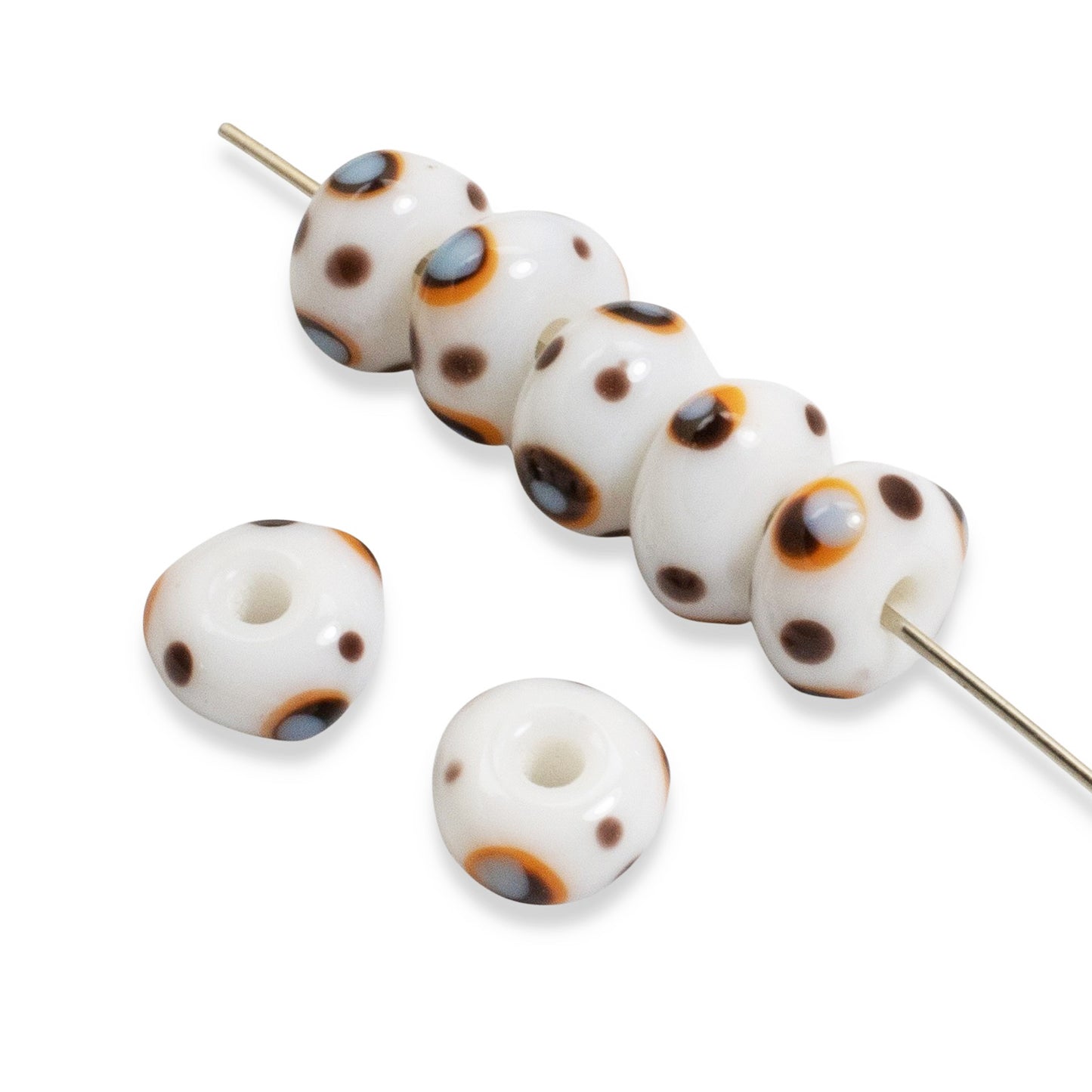 White Lampwork Beads, 30-Pack Indonesian Handmade Artisan Glass, Dot Pattern Rondelle, Bohemian Jewelry, Manik-Manik