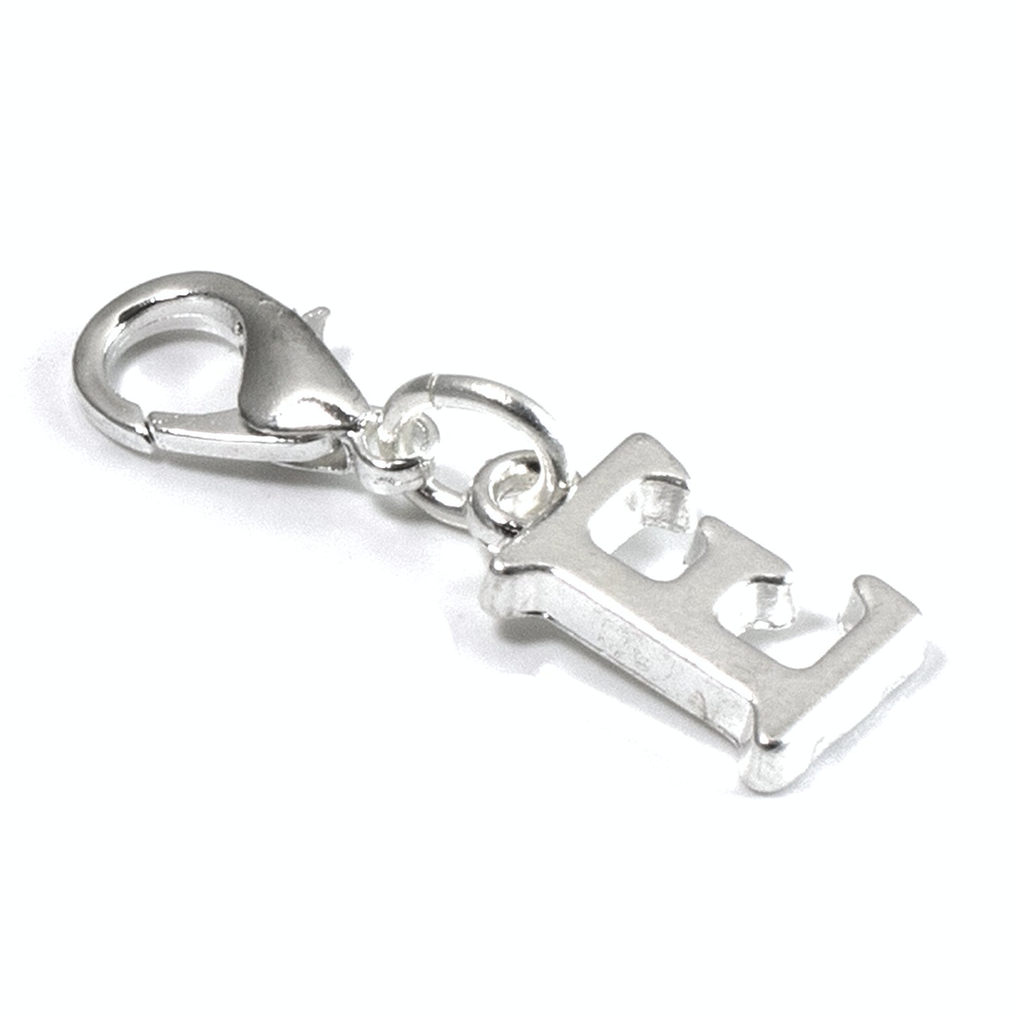 Silver Letter E Charm, Initial Alphabet Clip-On, Personalized Jewelry, Custom Initial Charm