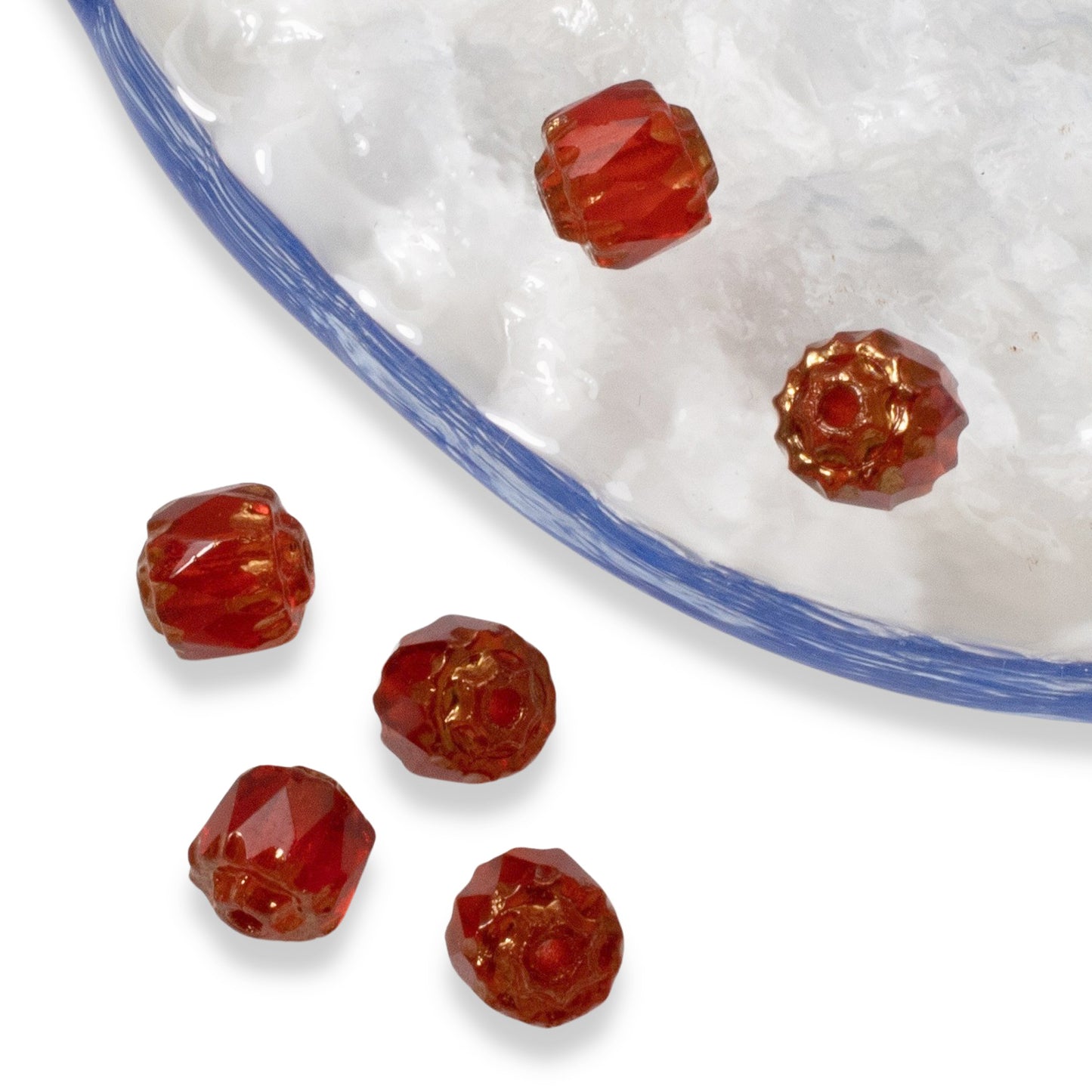 Christmas Czech Glass Beads, Siam Red Cathedral Beads, 6mm Faceted Crown Beads with Bronze Ends