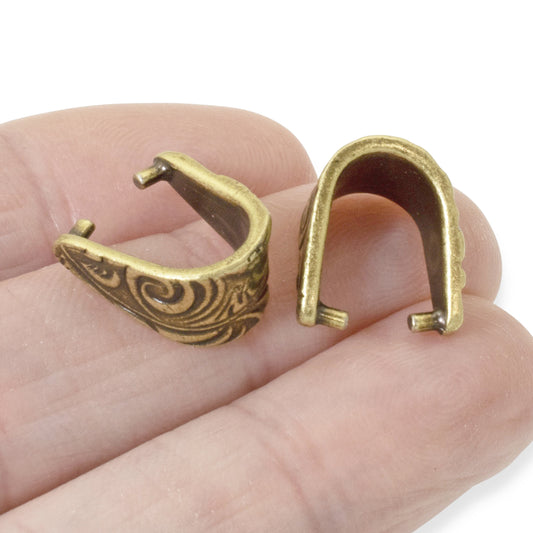 4 Antique Brass Large Jardin Pendant Pinch Bails, TierraCast Jewelry Connectors