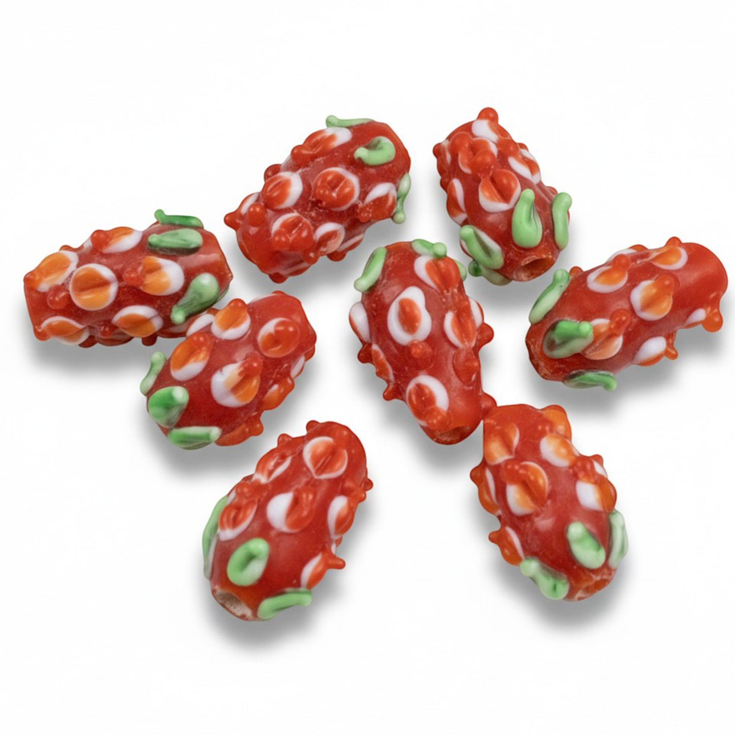 Orange Red Flower Beads: Lampwork Glass Raised Petal Floral Focal 10x16mm 8-Pack