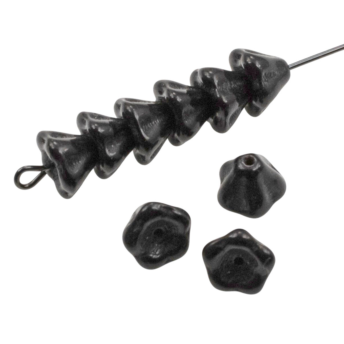 Jet Black Bell Flower Beads: Czech Glass 6x8mm 50-Pack for Jewelry Making