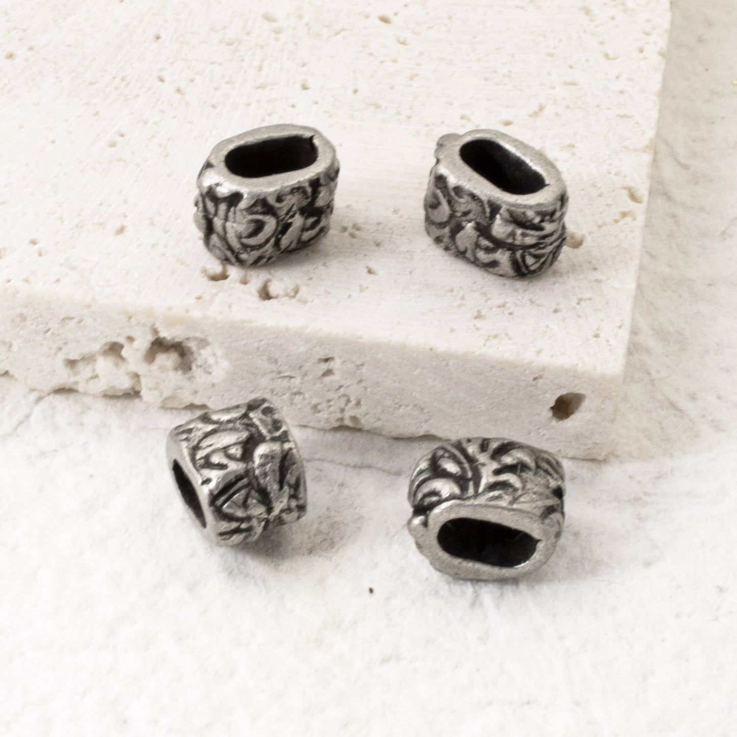 Antique Pewter Jardin Barrel Beads 10-Pack, Large Hole Leather Cord Beads, DIY Jewelry Making, Vintage Botanical Design, Premium TierraCast Components