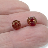 25 Faceted 6mm Crown Cathedral Beads - Garnet Red + Bronze Ends - Czech Glass