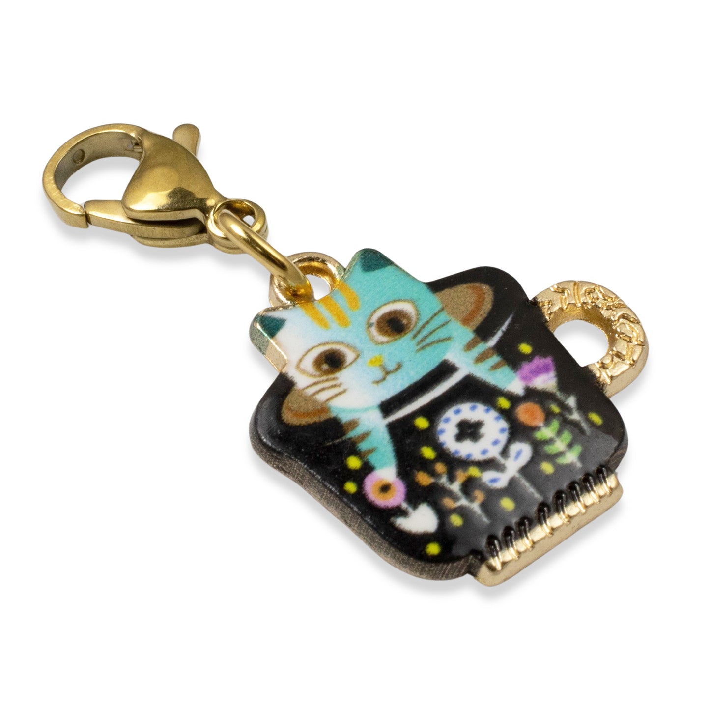 Whimsical Gold-Plated Enamel Cat in Teacup Charm - Clip-on Handbag Accessory