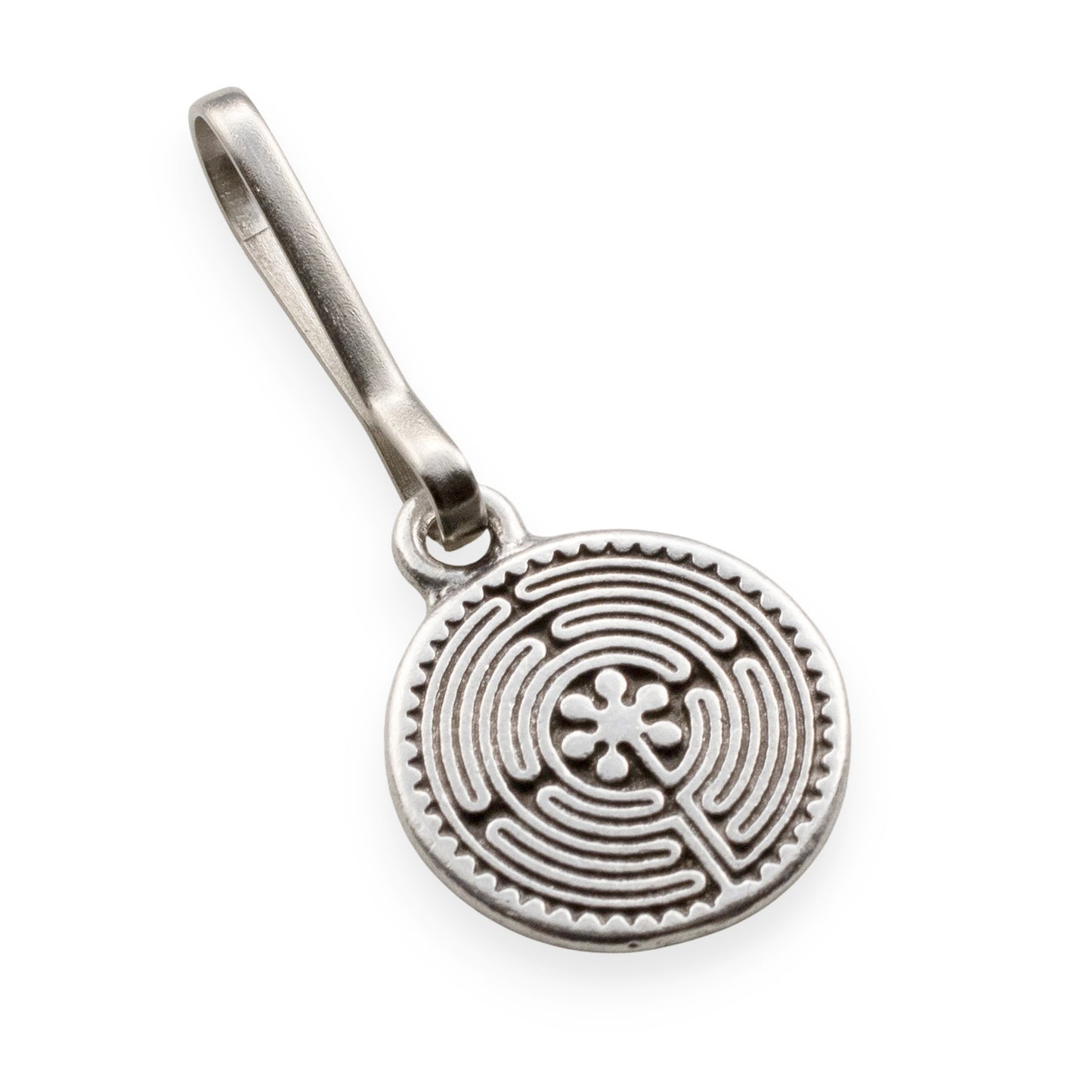 Labyrinth Zipper Charm, Pewter Bag Accessory, Keychain Maze Symbol Clip-on