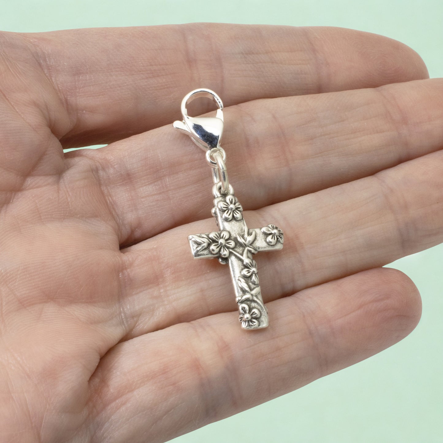 Silver Floral Cross Clip-on Charm, Religious Bag Accessory, Faith Jewelry