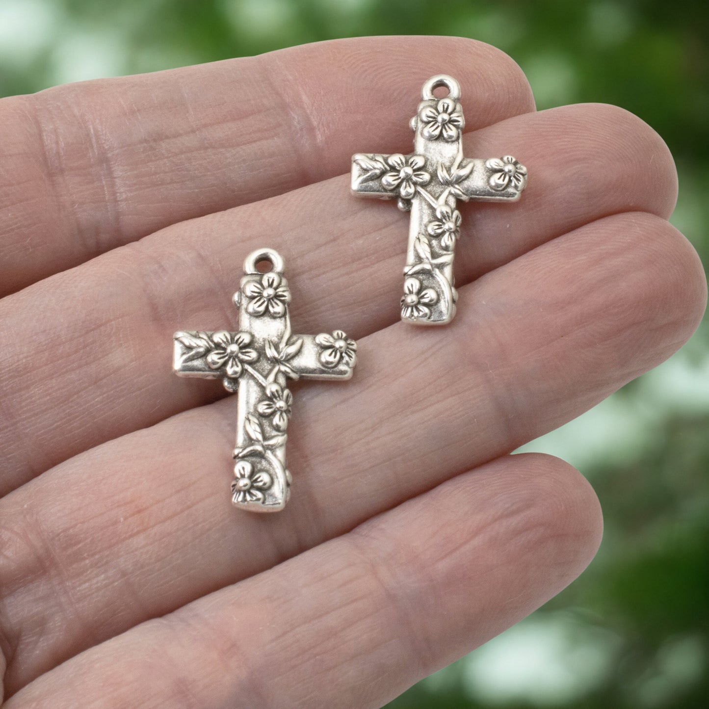 Silver Floral Cross Pendants, Silver-Plated Pewter Charms, DIY Rosary Making, Religious Jewelry Supplies, Bridal Keepsake Components, 2 Pack