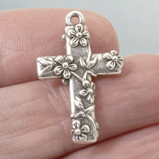Silver Floral Cross Pendants, Silver-Plated Pewter Charms, DIY Rosary Making, Religious Jewelry Supplies, Bridal Keepsake Components, 2 Pack