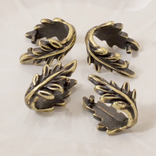 4 Antique Brass Leaf Pendant Pinch Bails - Elegant Botanical Design