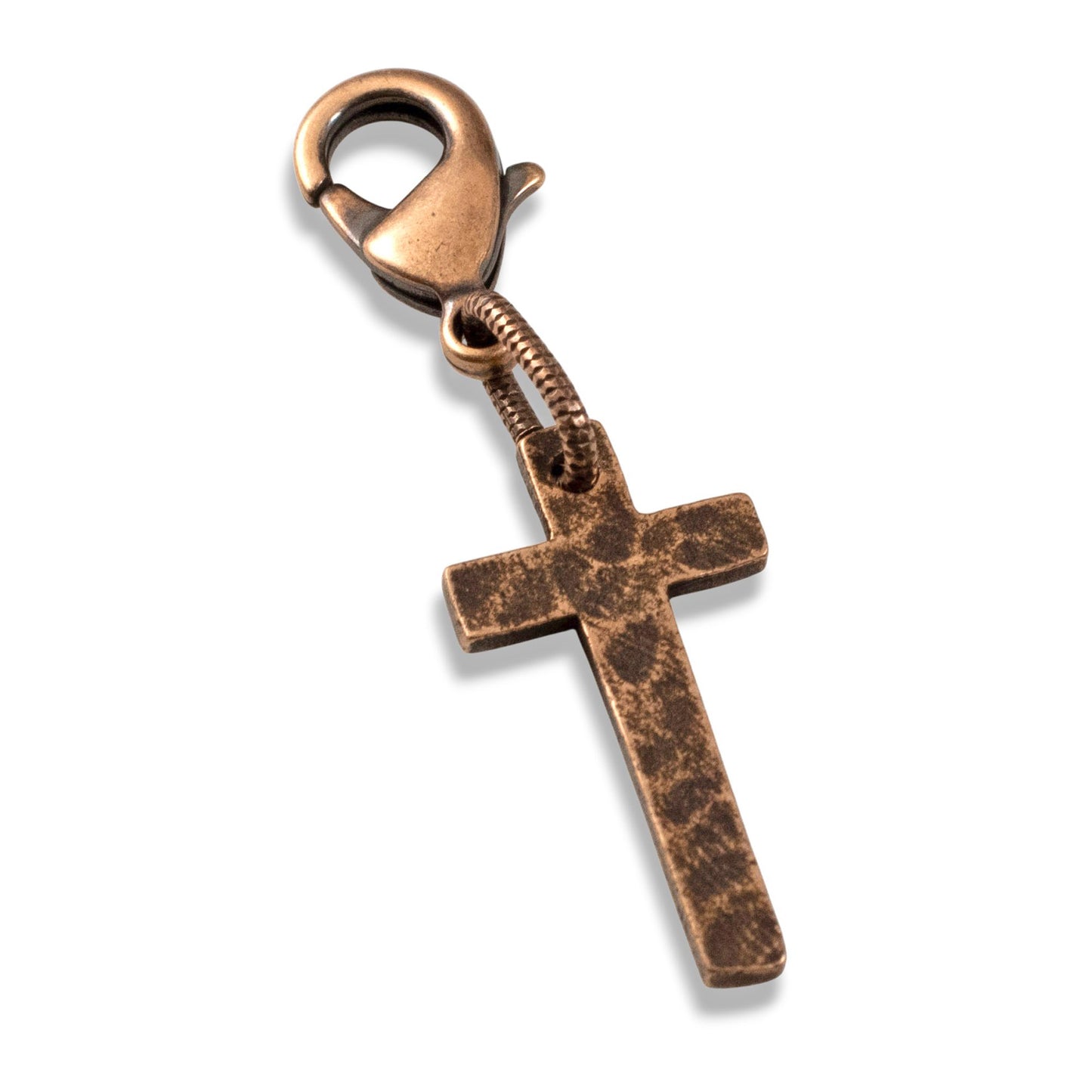Copper Cross Clip-On Charm: Delicate Distressed Finish Boho Pendant Baptism Gift