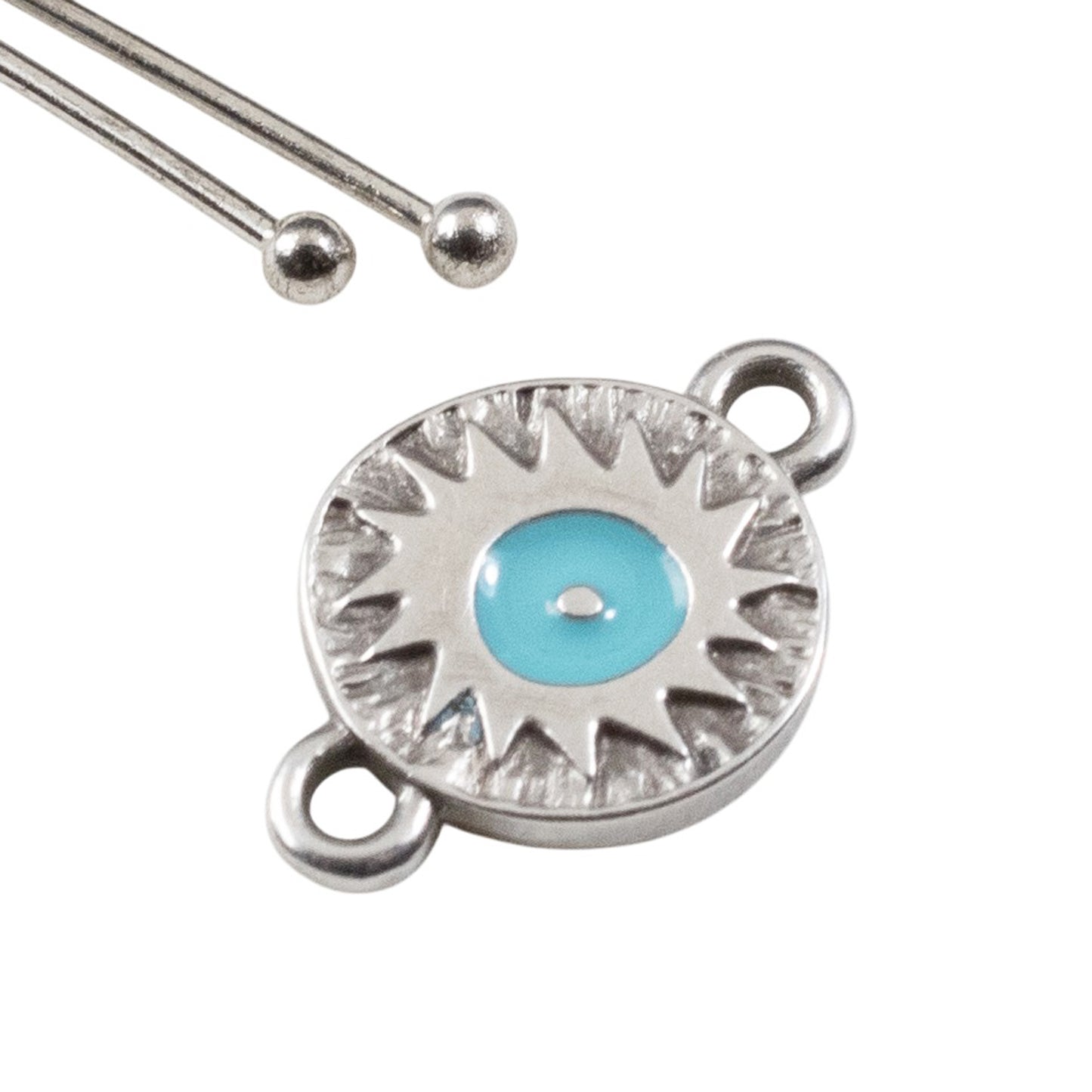 Silver Evil Eye Connector Charms: Antique Silver Aqua Enamel Round Links 4-Pack