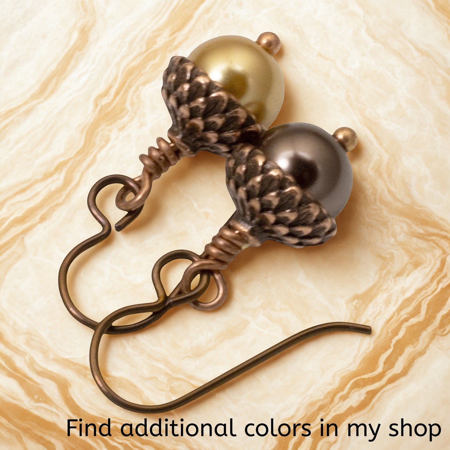 Hackberry Creek DIY earring kit with chocolate brown glass pearls and antique copper acorn caps. Hypoallergenic niobium hooks.